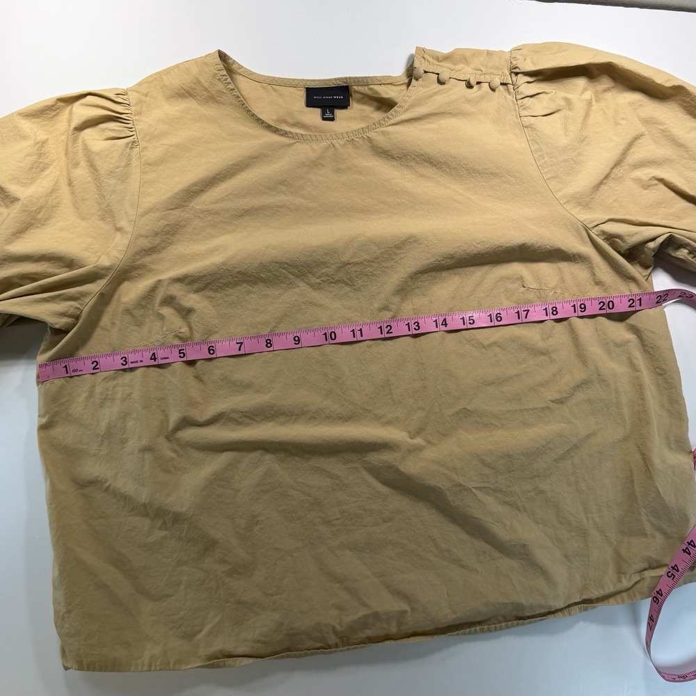 Who What Wear Women's Puff Sleeve Khaki Top Button Detail Short Sleeve Large - Picture 8 of 9